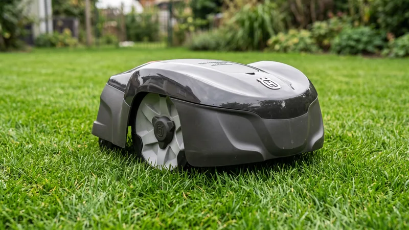 A Husqvarna Automower 115H 4G robot mower on a green lawn in a garden