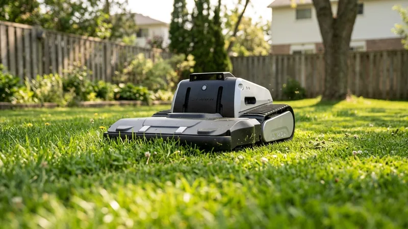 Lymow One Plus 10A robot lawn mower on a lawn