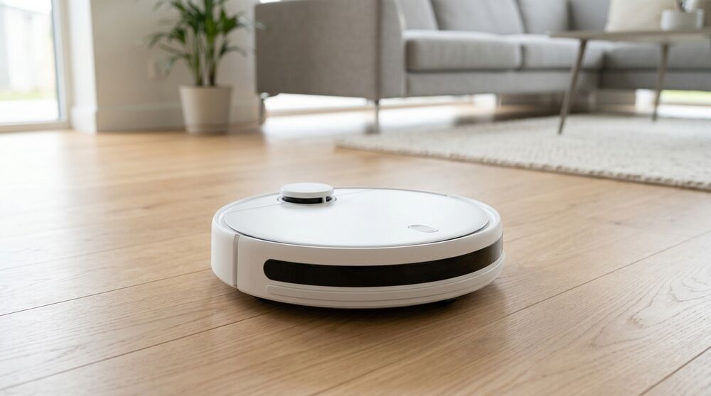 Illustration of a round robot vacuum on a wooden floor