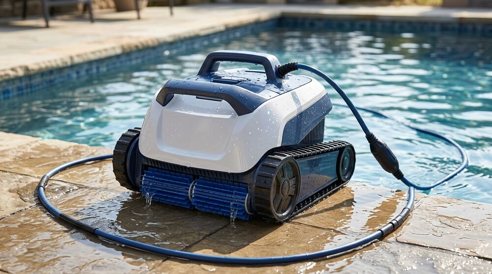 Illustration of a robot pool cleaner at the edge of a swimming pool