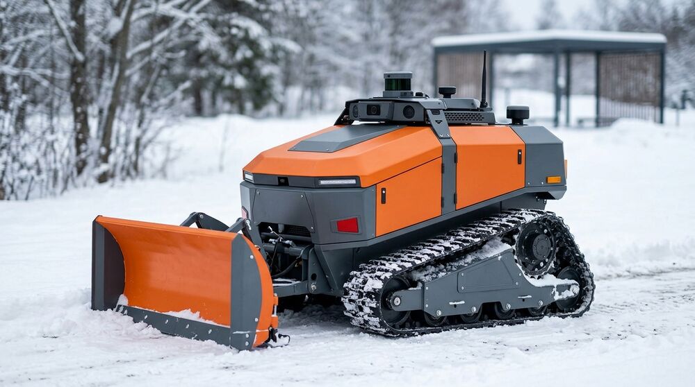 Illustration of a robot snow plow clearing a snowy yard