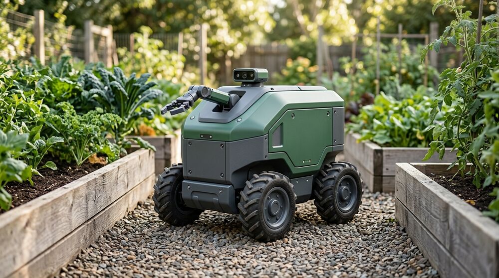 Illustration of a garden robot between raised vegetable beds